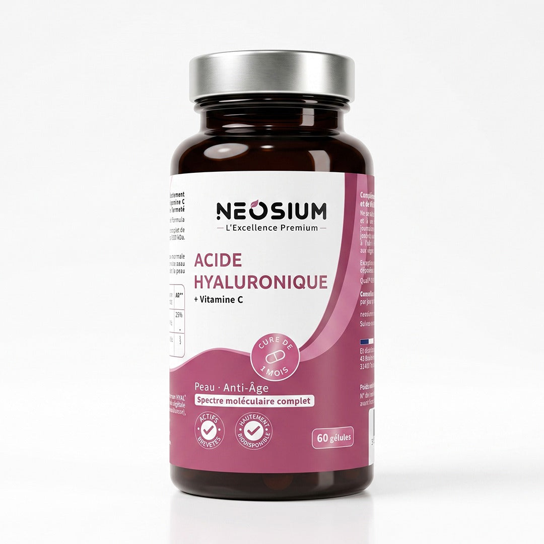 Flacon d'acide hyaluronique premium Neosium pour l'hydratation, l'élasticité et l'éclat de la peau.