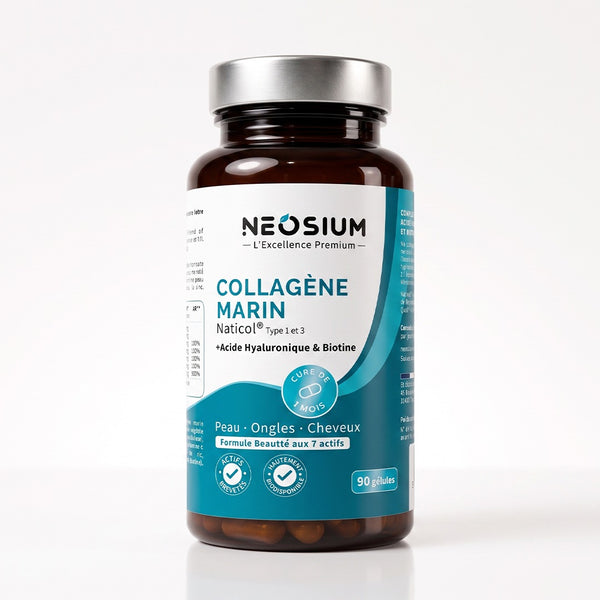 Flacon de collagène marin Naticol Neosium formule aux 7 actifs acide hyaluronique et biotine pour peau ongles et cheveux