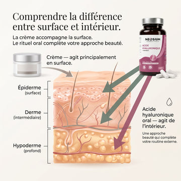 Schéma explicatif comparant l'action d'une crème en surface et de l'acide hyaluronique oral Neosium agissant de l'intérieur sur les différentes couches de la peau.