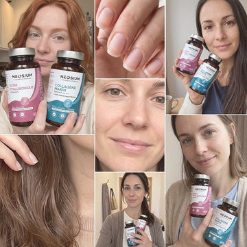 Mosaïque d'avis de clientes tenant dans leurs mains les flacons du rituel beauté Neosium. Preuve sociale des résultats de la cure combinant le Collagène Marin et l'Acide Hyaluronique pour la peau et les cheveux.