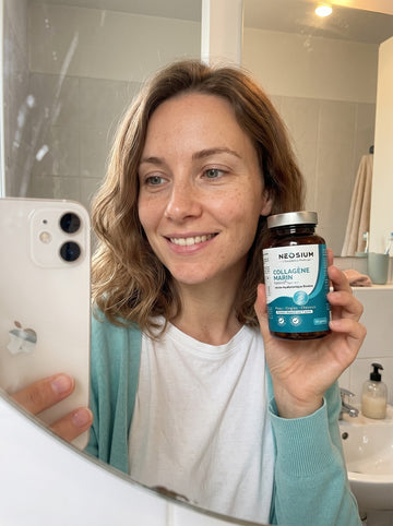 Résultat avant après sur les ridules des yeux et la fermeté du visage après 2 mois de cure de collagène marin Neosium
