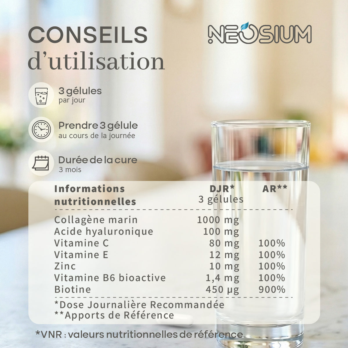Engagements de pureté du collagène marin & informations nutritionnelles : sans additifs, sans gluten, sans lactose et fabriqué en France par Neosium