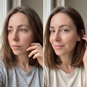 Comparaison avant-après d'une femme illustrant les résultats de la cure de Collagène Marin Neosium. À gauche, un teint terne et fatigué. À droite, une peau repulpée, un teint éclatant et des cheveux visiblement revitalisés après utilisation.