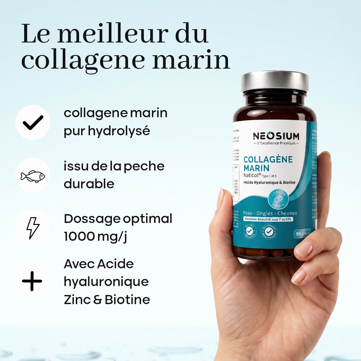 Main tenant un flacon de collagène marin hydrolysé 1000 mg issu de la pêche durable avec zinc et biotine par Neosium