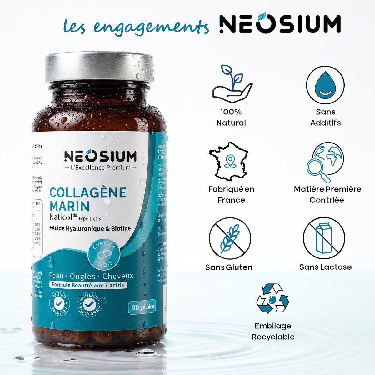 Flacon de collagène marin Naticol et garanties qualité formule naturelle et emballage recyclable Neosium