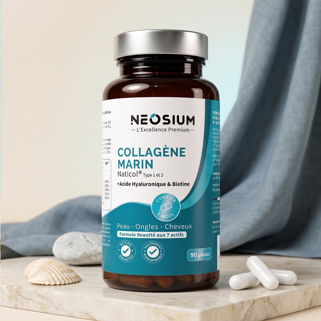 Flacon de collagène marin Naticol Neosium formule aux 7 actifs acide hyaluronique et biotine pour peau ongles et cheveux