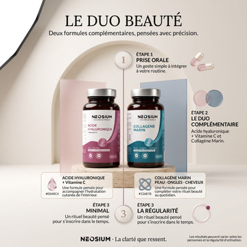 Flacons du Duo Beauté Neosium associant l'Acide Hyaluronique enrichi en Vitamine C et le Collagène Marin. Présentation du rituel en 3 étapes combinant hydratation cutanée de l'intérieur et fortification de la peau, des ongles et des cheveux par une prise orale quotidienne.