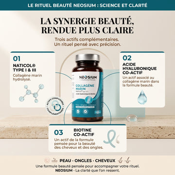 Flacon de gélules de Collagène Marin Neosium présentant sa synergie de trois actifs phares : le Collagène hydrolysé Naticol de type 1 et 3, l'Acide Hyaluronique et la Biotine. Une formule beauté experte pour sublimer la peau, fortifier les ongles et revitaliser les cheveux.